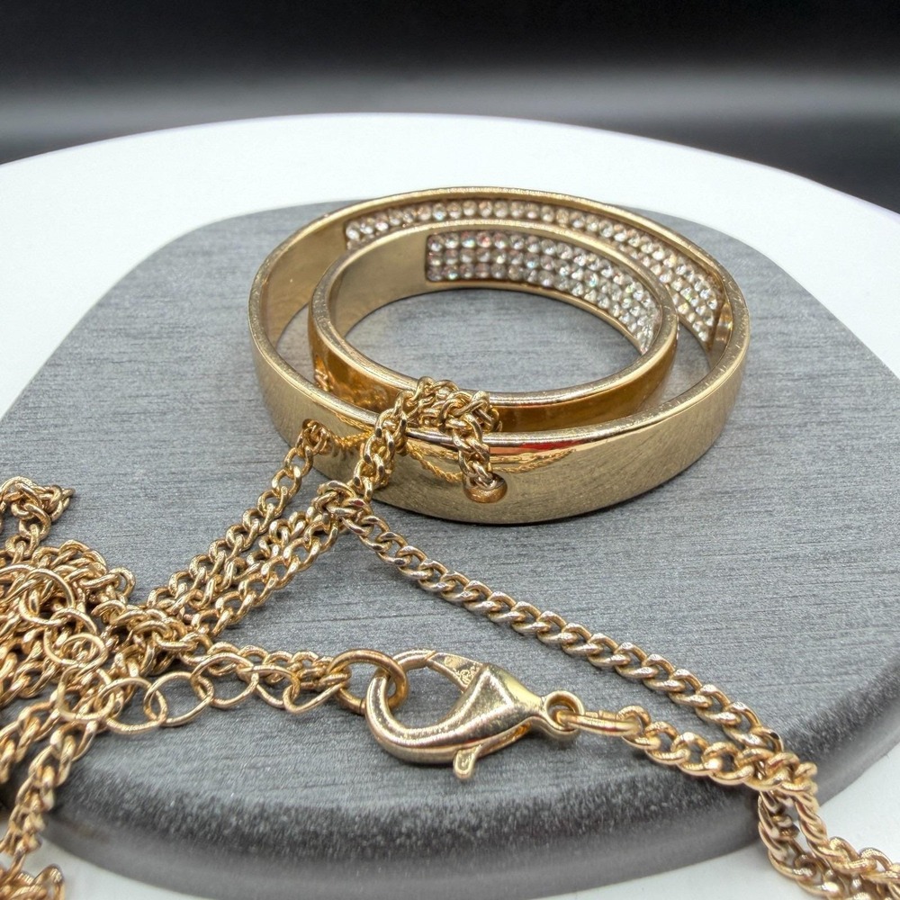Gold Tone Rhinestone Double Ring Pendant Long Chain Statement Fashion Necklace